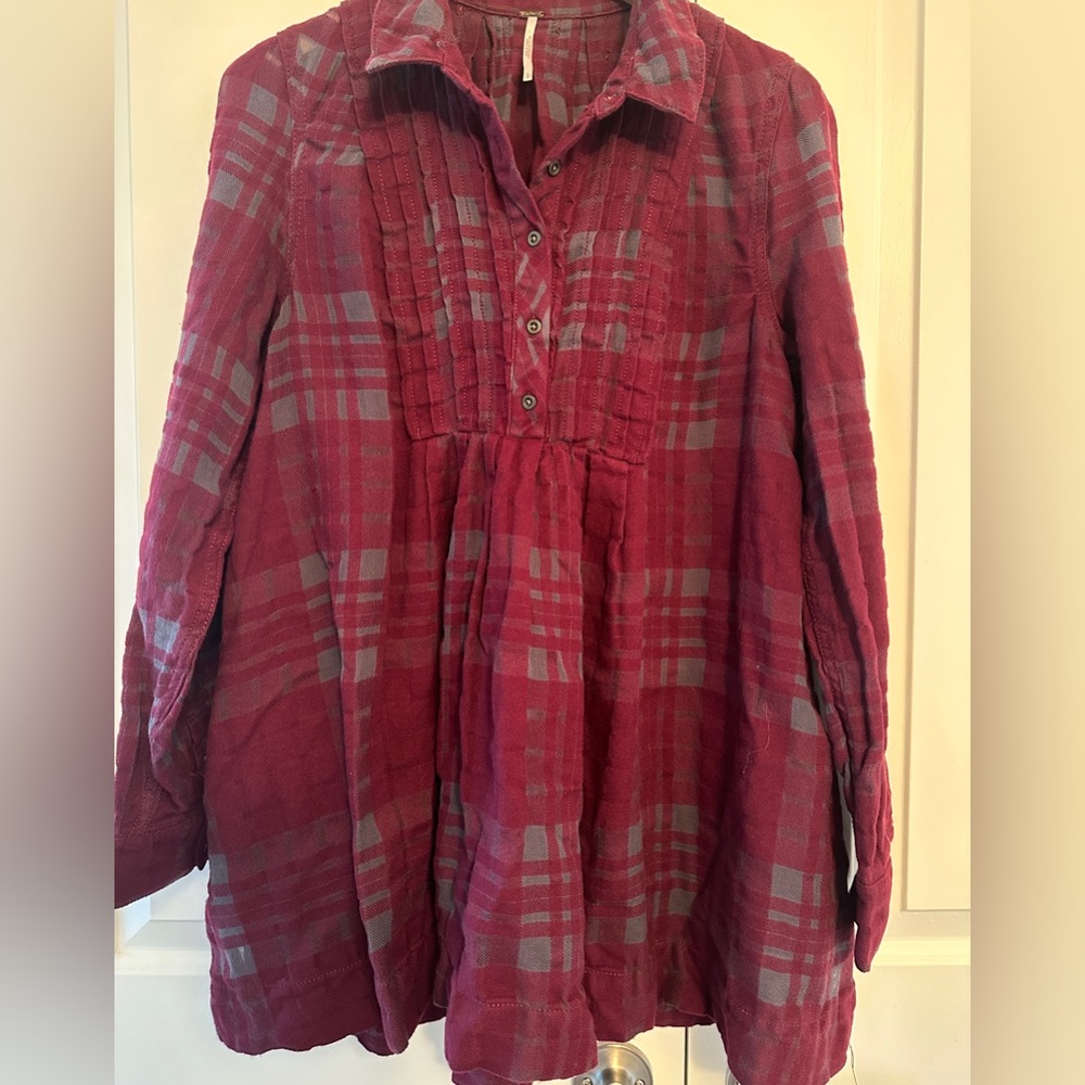 Free People Burgundy Plaid Long Sleeve Dress